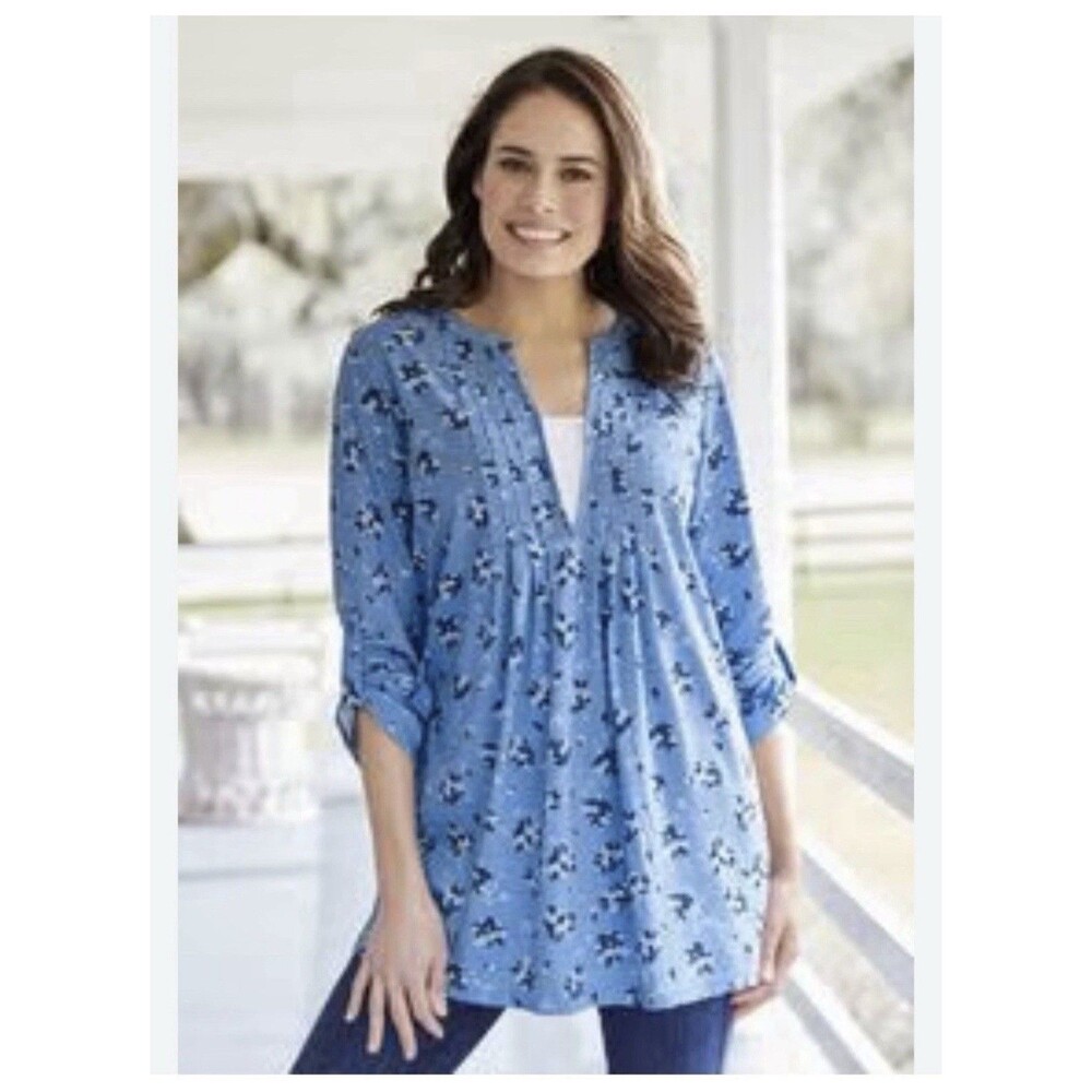 Woman Within 7-Day Three-Quarter Roll Sleeve  Paisley Blue Henley Tunic Large